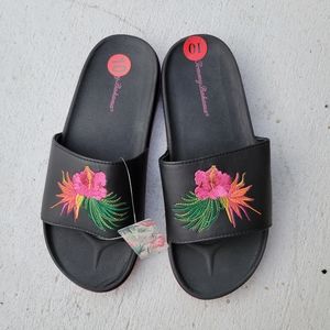 Tommy Bahama Black Slides With An Embroidered Pink Flower